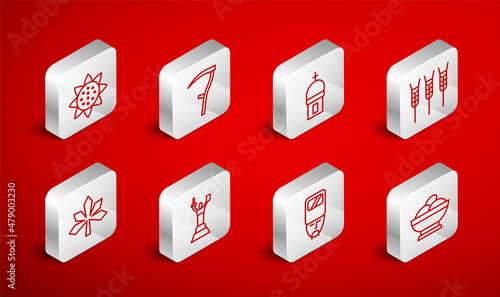 Set line Varenyky in a bowl, Scythe, Church tower, Wheat, Ukrainian cossack, Sunflower, Mother Motherland monument and Chestnut leaf icon. Vector