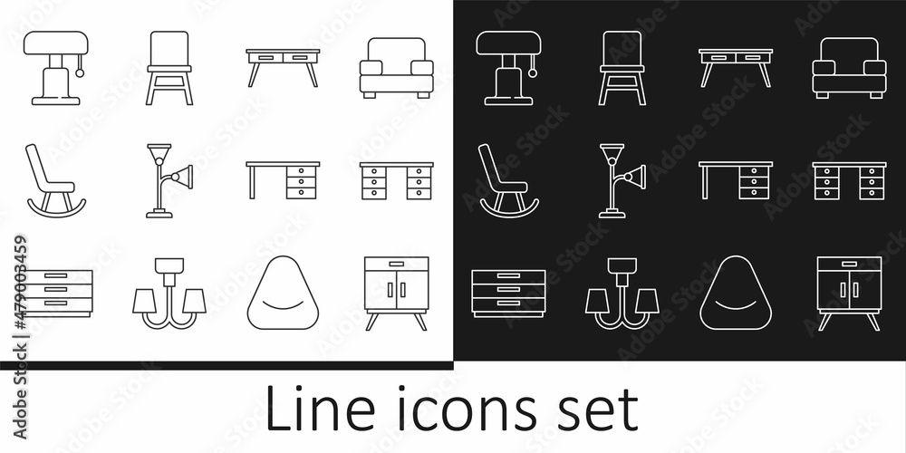 Set line Chest of drawers, Office desk, Floor lamp, Armchair, Table, and Chair icon. Vector Set line Chest of drawers, Office desk, Floor lamp, Armchair, Table, and Chair icon. Vector
