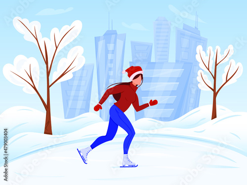 Girl ice skating on Winter ice rink in city landscape. Winter outdoor activity concept of illustration. Vector illustration cartoon style