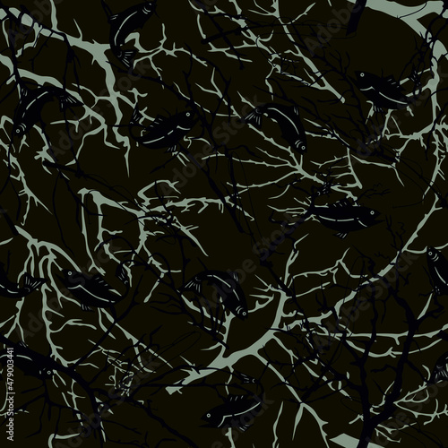 Camouflage with branches, vector illustration. Elements of fishes, goodies.