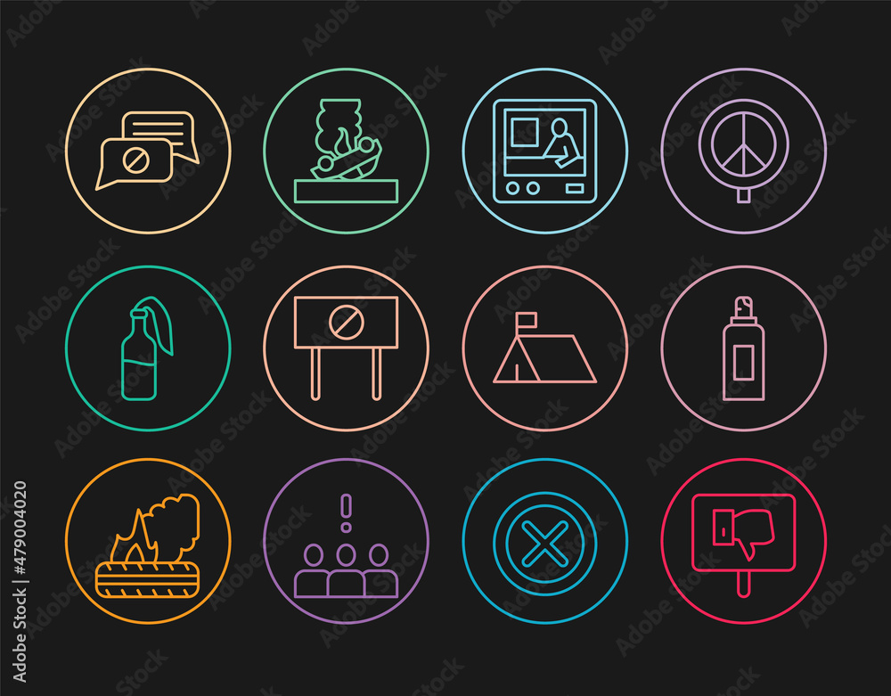 Set line Protest, Paint spray can, Television report, Cocktail molotov, Speech bubble chat, camp and Burning car icon. Vector Set line Protest, Paint spray can, Television report, Cocktail molotov, Speech bubble chat, camp and Burning car icon. Vector