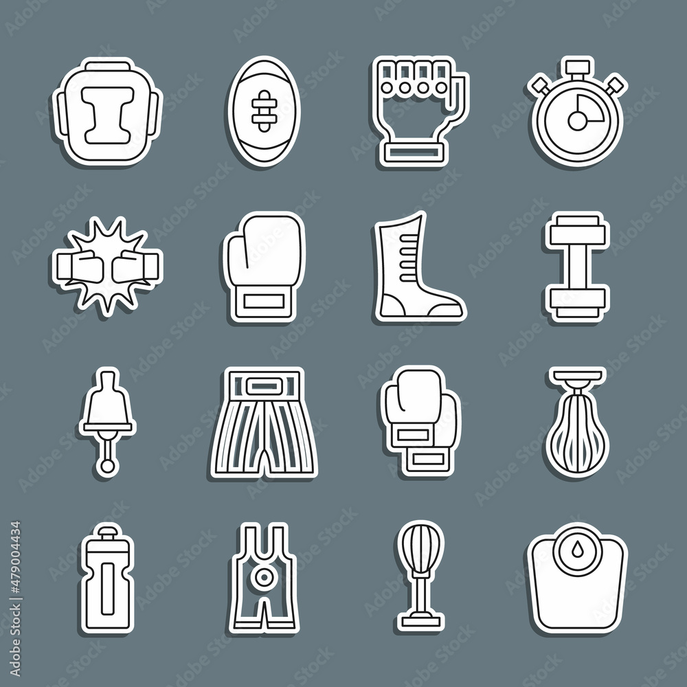 Set line Bathroom scales, Punching bag, Dumbbell, MMA glove, Boxing, boxing gloves, helmet and Sport shoes icon. Vector Set line Bathroom scales, Punching bag, Dumbbell, MMA glove, Boxing, boxing gloves, helmet and Sport shoes icon. Vector