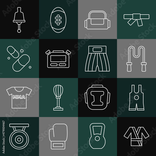 Set line Japanese costume Kimono, Wrestling singlet, Jump rope, Sport bag, Stopwatch, Vitamin pill, Ringing bell and Boxing short icon. Vector