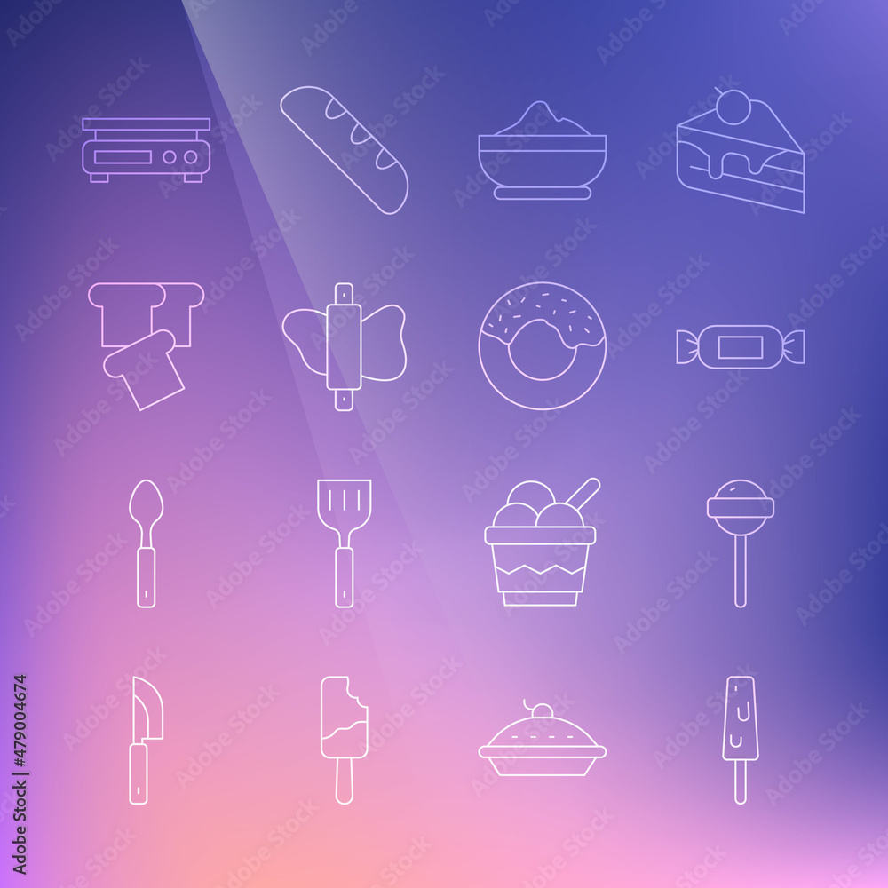 Set line Ice cream, Lollipop, Candy, Flour bowl, Rolling pin on dough, Bread toast, Electronic scales and Donut icon. Vector Set line Ice cream, Lollipop, Candy, Flour bowl, Rolling pin on dough, Bread toast, Electronic scales and Donut icon. Vector