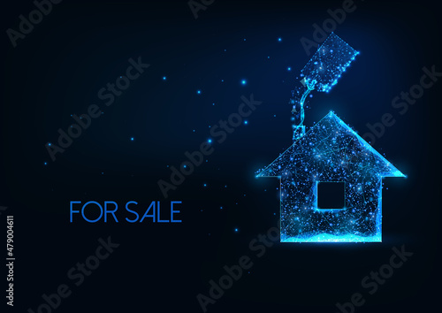 Futuristic real estate, house for sale concept with glowing low polygonal house icon and sale tag