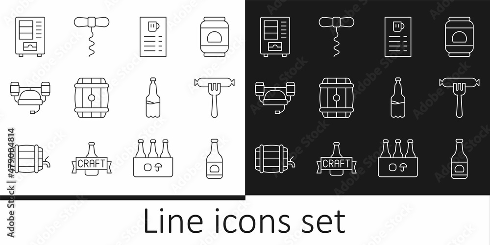Set line Beer bottle, Sausage on the fork, menu, Wooden barrel, helmet, Vending machine, Plastic beer and Wine corkscrew icon. Vector