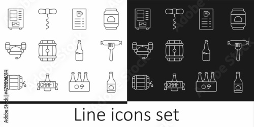 Set line Beer bottle, Sausage on the fork, menu, Wooden barrel, helmet, Vending machine, Plastic beer and Wine corkscrew icon. Vector