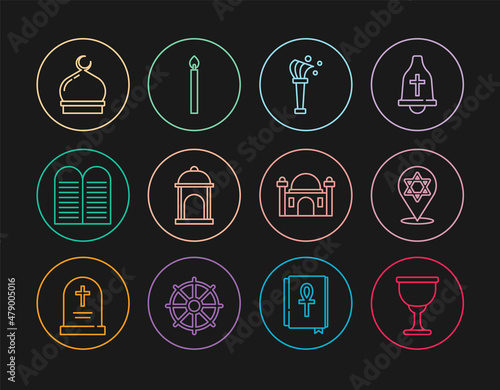 Set line Holy grail or chalice, Star of David, Aspergillum, Muslim Mosque, The commandments, and Burning candle icon. Vector