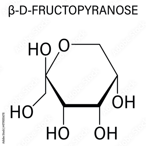 Fructose or D-fructose fruit sugar molecule. Component of high-fructose corn syrup - HFCS. Skeletal formula.
