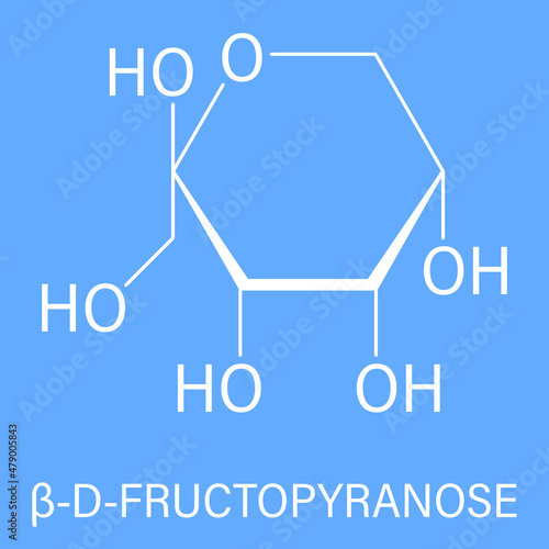 Fructose or D-fructose fruit sugar molecule. Component of high-fructose corn syrup - HFCS. Skeletal formula.