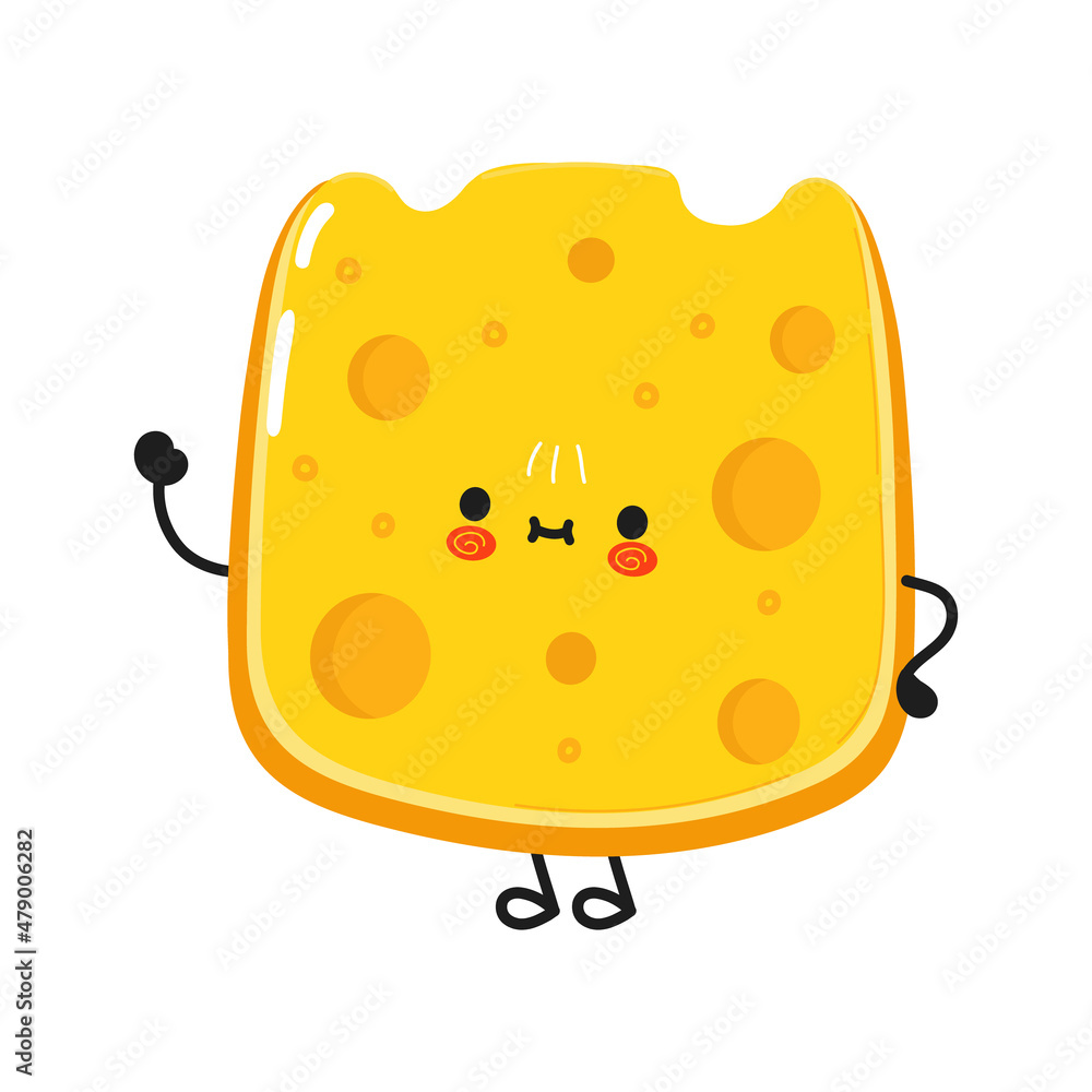 Cute funny cheese waving hand character. Vector hand drawn cartoon kawaii character illustration icon. Isolated on white background. Cheese character concept Cute funny cheese waving hand character. Vector hand drawn cartoon kawaii character illustration icon. Isolated on white background. Cheese character concept