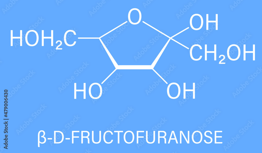 Fructose or D-fructose fruit sugar molecule. Component of high-fructose corn syrup - HFCS. Skeletal formula. Fructose or D-fructose fruit sugar molecule. Component of high-fructose corn syrup - HFCS. Skeletal formula.