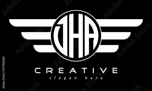 DHA three letter monogram type circle letter logo with wings vector template.