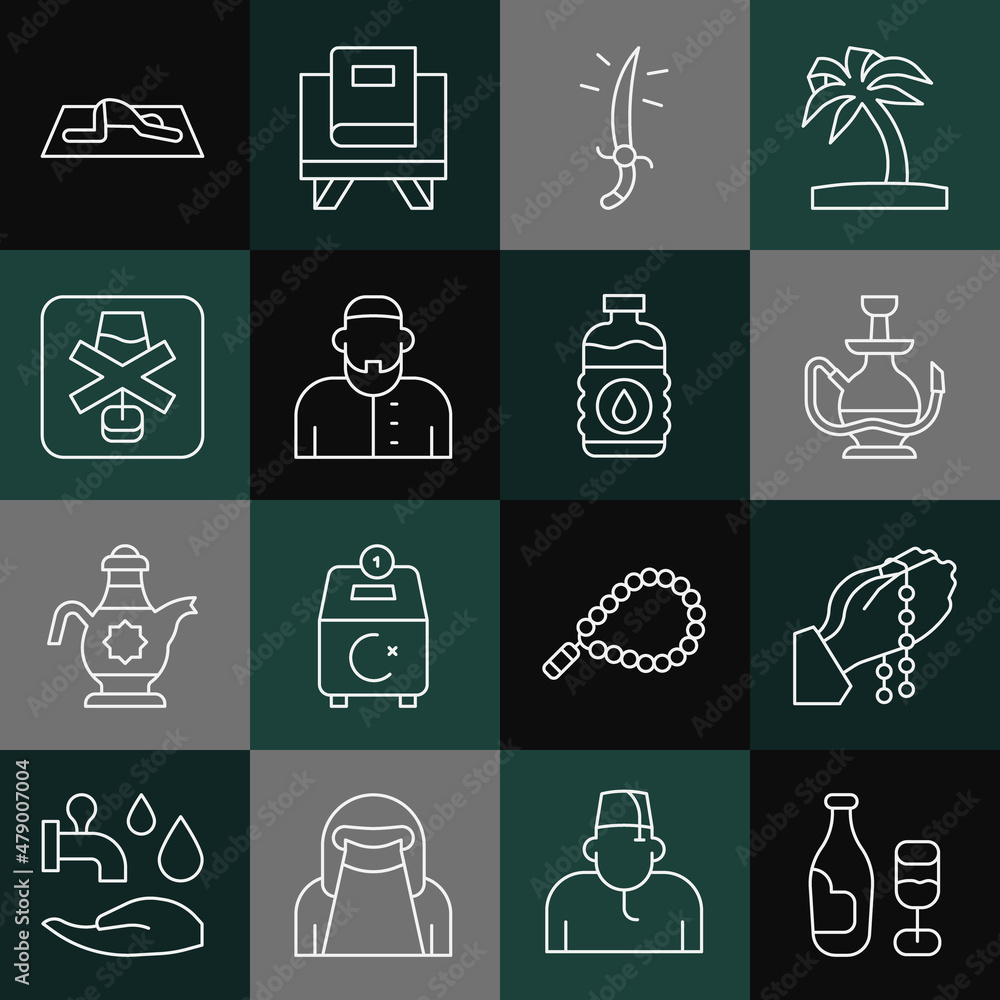 Set line Wine bottle with glass, Hands praying position, Hookah, Arabian saber, Muslim man, No alcohol, prays and Bottle of water icon. Vector Set line Wine bottle with glass, Hands praying position, Hookah, Arabian saber, Muslim man, No alcohol, prays and Bottle of water icon. Vector