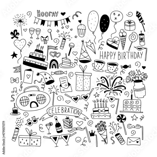 Hand drawn doodle party background with air balloons, fireworks, confetti, and bunting flags garlands.