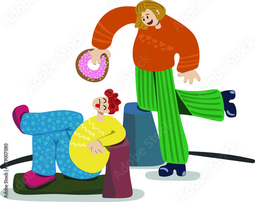 Illustration with two people playing with huge donut. Artwork can be used
as decoration, background, textile or fabric motive, poster in cafe, etc. 