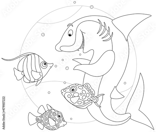 Funny and playful shark playing with merry tropical fishes in warm waters of an exotic coral reef, black and white outline vector cartoon illustration for a coloring book page