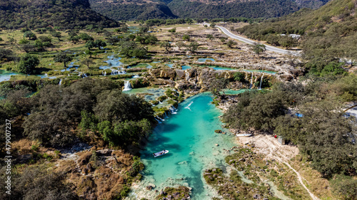 Aerial of turquoise waterfalls, Wadi Darbat, Salalah photo