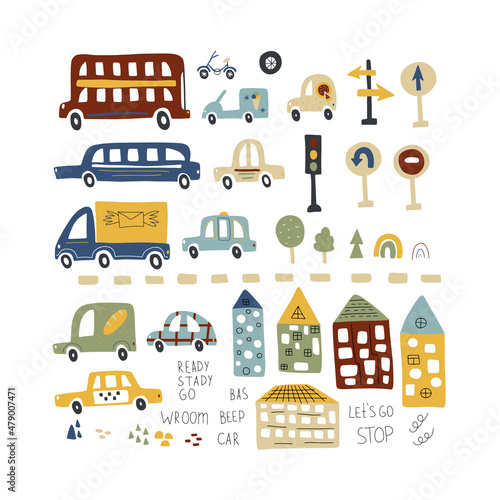 set with different types of transport  textures  traffic signs  houses