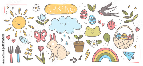 Spring doodle set. Cute set of spring cliparts  easter elements. Vector isolated illustration.