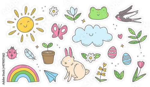 Set of spring doodle stickers. Set of spring cliparts  easter elements. Vector isolated illustration.