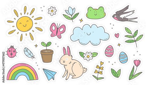 Set of spring doodle stickers. Set of spring cliparts, easter elements. Vector isolated illustration.