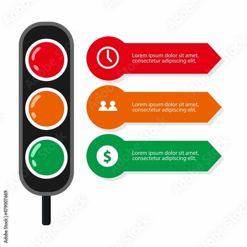 Cartoon Infographic traffic light with business icon with symbol in yellow, red, and green color. stop, warning, and go sign, perfect for Illustration Vector Graphic presentation, campaign, and poster