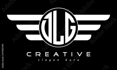 DLG three letter monogram type circle letter logo with wings vector template.