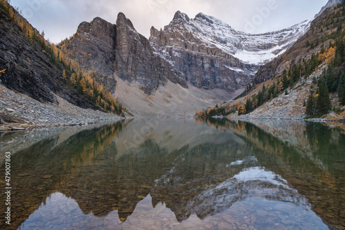 Mount Niblock and Mount Whyte at Lake Agnes with Autumn Larches, Banff National Park, UNESCO World Heritage Site, Alberta, Canadian Rockies, Canada photo
