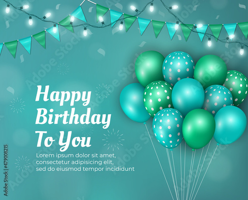 Happy birthday background decorated with balloons and light. Realistic birthday design vector Illustration © Ludra Design