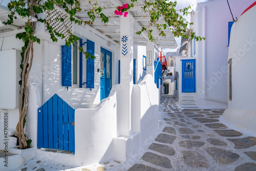 View of whitewashed narrow street, Mykonos Town, Mykonos, Cyclades Islands, Greek Islands, Aegean Sea photo