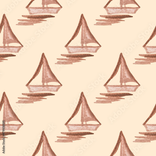 Seamless pattern with hand-painted by watercolor paints brown boat with sail, floating in the sea.