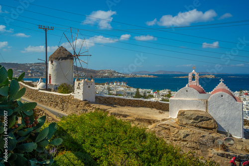 Elevated view of windmills and town, Mykonos Town, Mykonos, Cyclades Islands, Greek Islands, Aegean Sea