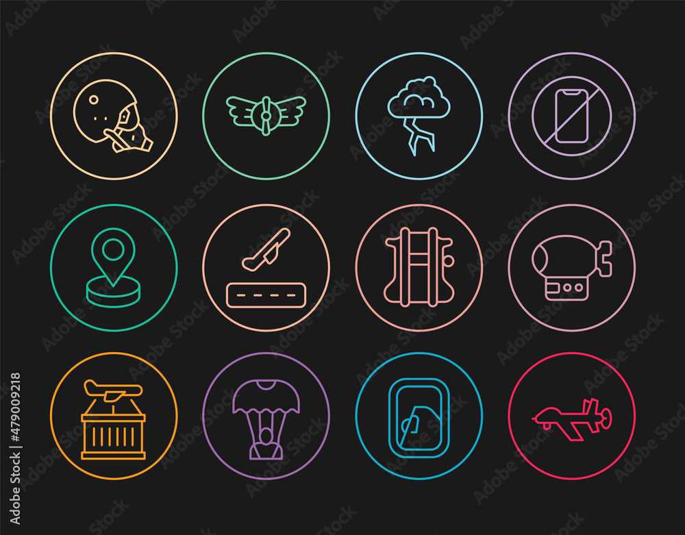 Set line UAV Drone, Airship, Storm, Plane takeoff, Location, Modern pilot helmet, Parachute and Aviation emblem icon. Vector Set line UAV Drone, Airship, Storm, Plane takeoff, Location, Modern pilot helmet, Parachute and Aviation emblem icon. Vector