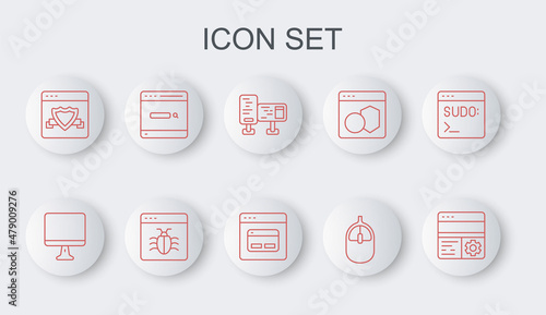 Set line Debugging, Computer monitor screen, mouse, Browser with shield, Search engine, System and icon. Vector