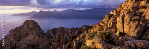Calanques de Piana and view across the Gulf of Porto at sunset, Piana, Corsica, France, Mediterranean