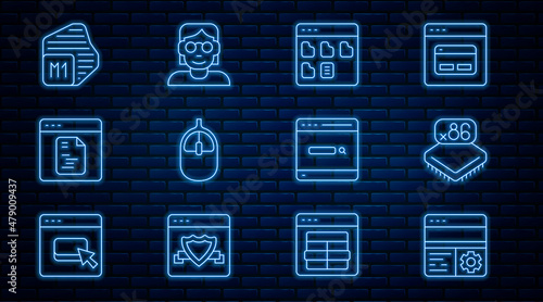 Set line Debugging, Processor with microcircuits CPU, Browser files, Computer mouse, Software, Search engine and Hacker coder icon. Vector