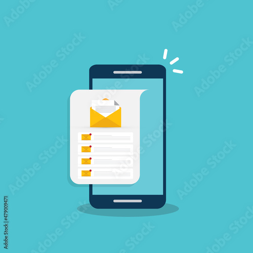 Email service. Mobile smartphone with mail app. Mail service concept.