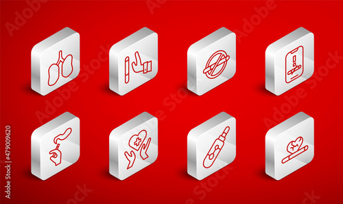 Set line Heart disease with smoking, Giving up cigarette, No, Electronic, Lungs, cross and Hand icon. Vector