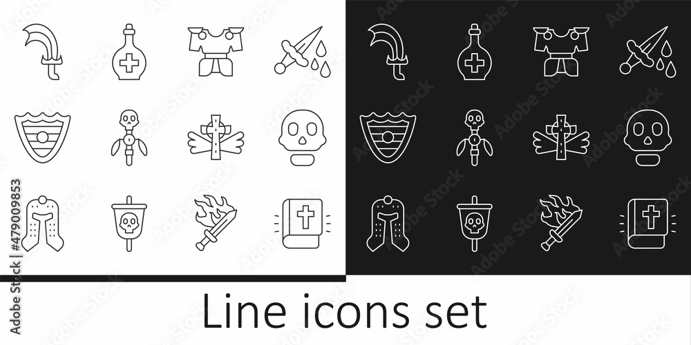 Set line Holy bible book, Skull, Body armor, Magic staff, Shield, Sword for game, Christian cross and Bottle with potion icon. Vector