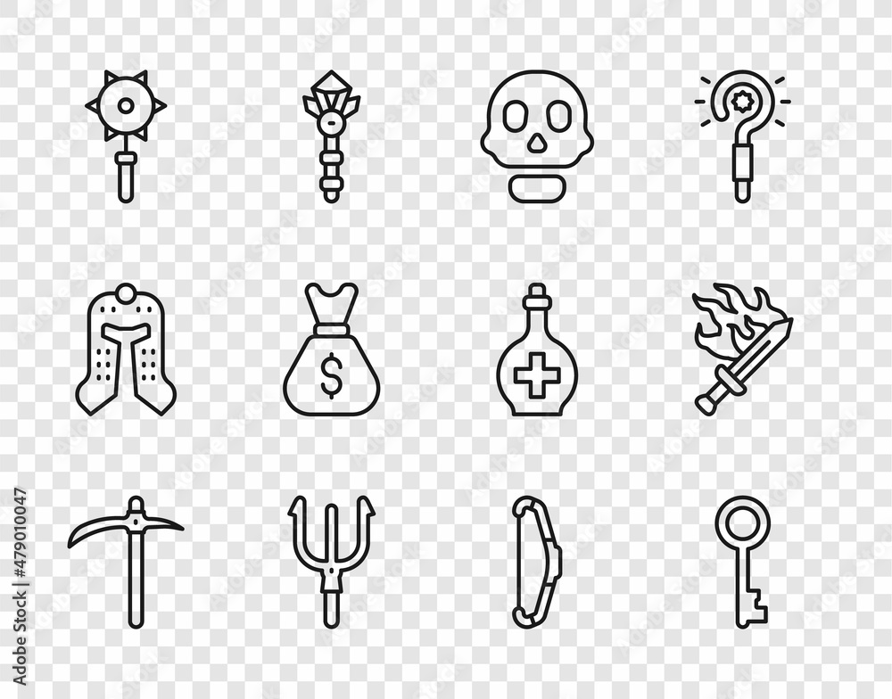 Set line Pickaxe, Old key, Skull, Neptune Trident, Medieval chained mace ball, money bag, bow and Sword for game icon. Vector Set line Pickaxe, Old key, Skull, Neptune Trident, Medieval chained mace ball, money bag, bow and Sword for game icon. Vector