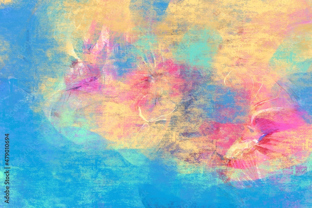 abstract watercolor background with flowers, colorful wallpaper with paint stains and splashes, summer mood, blooming flowers vibe, colorful stains, textured surface in colorful pigment 