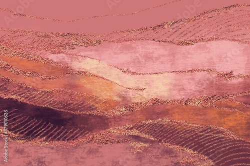 abstract watercolor golden rose beige background with hills, sun, golden glitter, luxury minimalistic interior painting, interior poster, wall decoration, modern  wallpaper, beige bronze background 