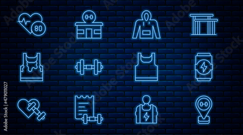 Set line Location gym, Energy drink, Hoodie, Dumbbell, Sweaty sleeveless t-shirt, Heart rate, Sleeveless and Gym building icon. Vector