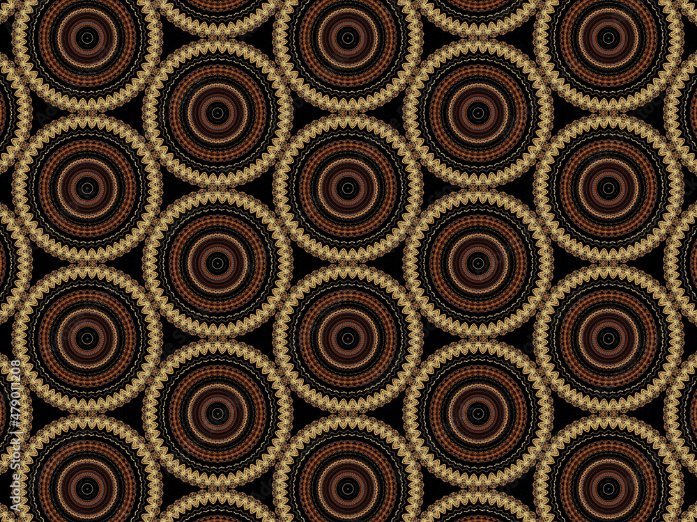 Luxurious and exquisite golden lace pattern on black background. Repeating pattern for glamourous textile/surface design. Luxurious and exquisite golden lace pattern on black background. Repeating pattern for glamourous textile/surface design.