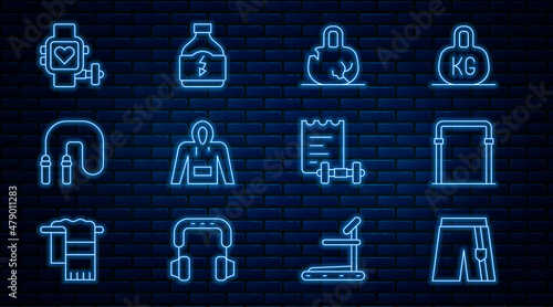 Set line Short or pants, Sport horizontal bar, Broken weight, Hoodie, Jump rope, Smart watch with heart, training program and Sports nutrition icon. Vector
