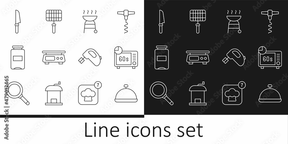 Set line Covered with tray of food, Microwave oven, Barbecue grill, Electronic scales, Jam jar, Knife, Electric mixer and steel grid icon. Vector
