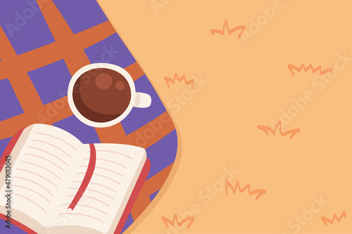 Peaceful vector illustration of outdoors recreation and relaxation. Reading book in warm autumn park with coffee. Use for book illustration, web site, poster, card, print. Calm nature background.