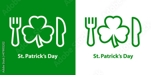 Comida irlandesa. Logotipo con texto St Patrick's Day con trebol y cubiertos con líneas en fondo verde y fondo blanco