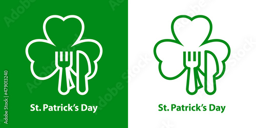 Comida irlandesa. Logotipo con texto St Patrick's Day con trebol y cubiertos con líneas en fondo verde y fondo blanco